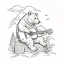A sketch style tattoo of a bear playing a guitar on a cliff overlooking a scenic mountain landscape tattoo design idea