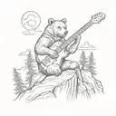 A sketch style tattoo of a bear playing a guitar on a cliff overlooking a scenic mountain landscape tattoo design idea