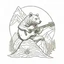 A sketch style tattoo of a bear playing a guitar on a cliff overlooking a scenic mountain landscape tattoo design idea
