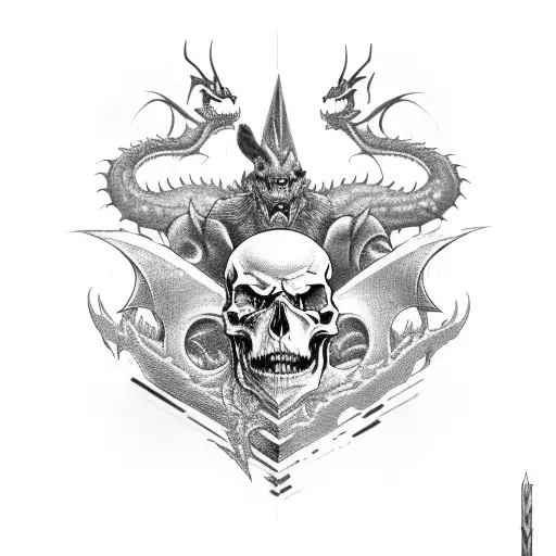 An epic battle scene from their favorite video game, with dragons, skulls, and weapons tattoo design idea
