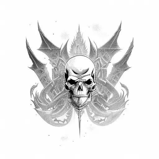 A cinematic movie scene with a dragon, skulls, and weapons as the main focus tattoo design idea