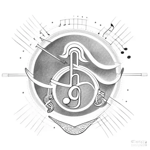 Sketch-style depiction of a Greek lyre surrounded by music notes tattoo design idea