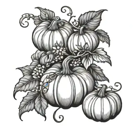 fine line pumpkin vine with flowers and pumpkins tattoo design idea