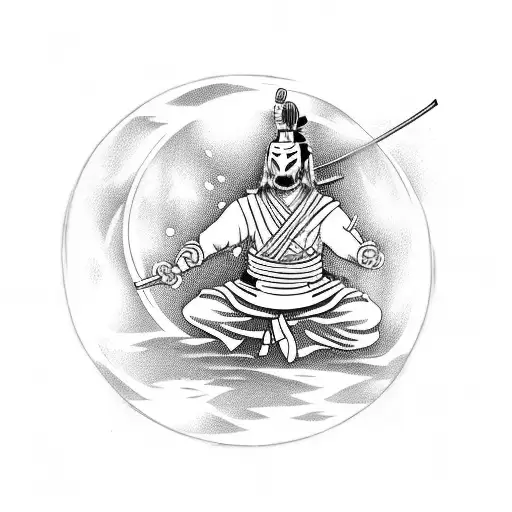 A samurai warrior meditating under a full moon with cherry blossoms falling around tattoo design idea