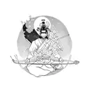 A samurai warrior meditating under a full moon with cherry blossoms falling around tattoo design idea