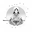 A samurai warrior meditating under a full moon with cherry blossoms falling around tattoo design idea