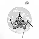 A samurai warrior meditating under a full moon with cherry blossoms falling around tattoo design idea