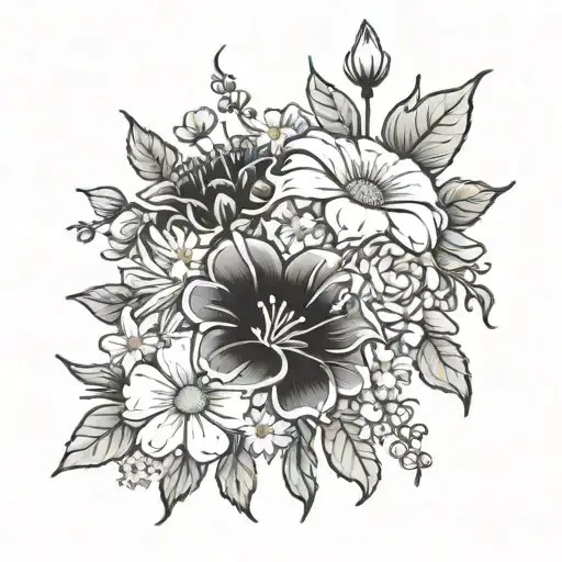Bouquet with cosmos, morning glory, and daisies tattoo design idea