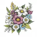 Bouquet with cosmos, morning glory, and daisies tattoo design idea