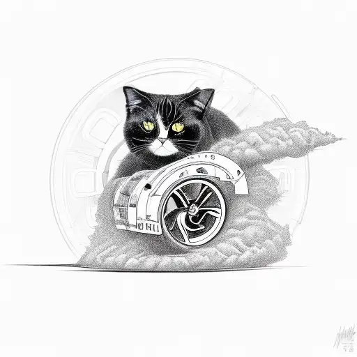 black house cat ridding a v8 with wheels doing a big Smokey burn out in a cartoon style  tattoo design idea