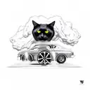 black house cat riding on a Chevy V8 engine with a supercharger doing a big Smokey burn out in a cartoon style tattoo design idea