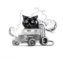 black house cat riding on a Chevy V8 engine with a supercharger doing a big Smokey burn out in a cartoon style tattoo design idea