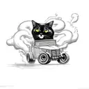 black house cat riding on a Chevy V8 engine with a supercharger doing a big Smokey burn out in a cartoon style tattoo design idea