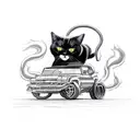 black house cat riding on a Chevy V8 engine with a supercharger doing a big Smokey burn out in a cartoon style tattoo design idea