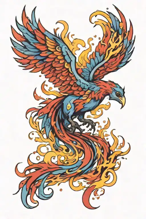 blue and red phoenix rising from ashes tattoo design idea