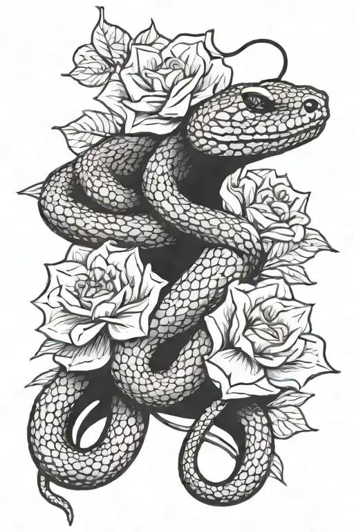 Rattlesnake and flower intertwined tattoo design idea