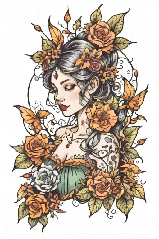 fairy portraits surrounded by nature elements like trees and flowers   tattoo design idea