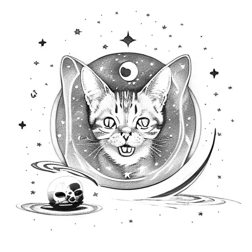 A cat floating in space, surrounded by stars and galaxies, with a skull-shaped moon in the background tattoo design idea