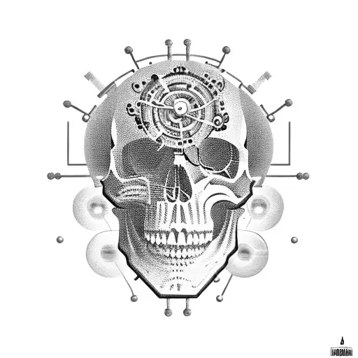 A skull made of mechanical gears and circuits, with musical notes swirling around it and stars in the background tattoo design idea