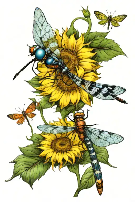 4 dragonflies sunflower butterfly resting tattoo design idea