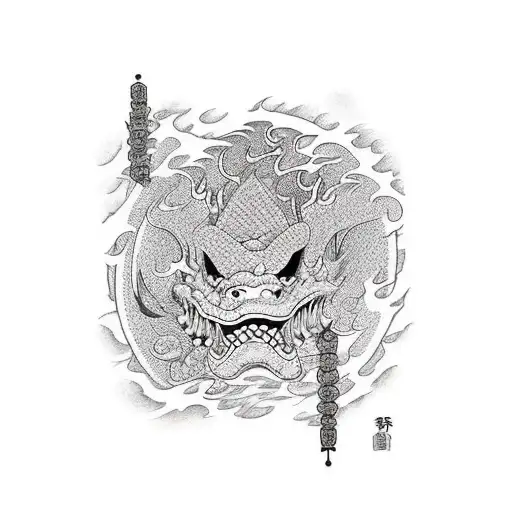 door open with fire and monster tattoo design idea