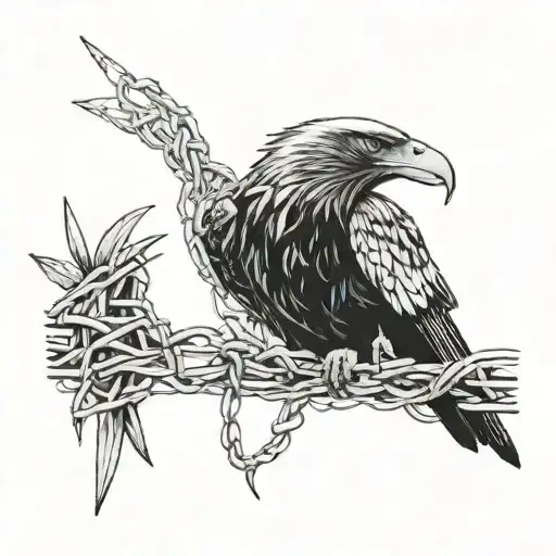 Hawk with barbed wire around and a crow in the neck of the hawk trying to get him down  tattoo design idea
