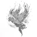 burning phoenix on top of a mountain, placed on the triceps tattoo design idea