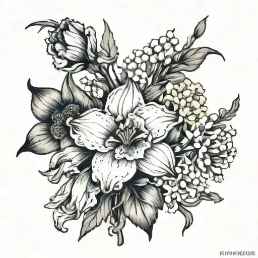 carnation, carnation, lily of the valley, daffodil, daffodil, poppy tattoo design idea