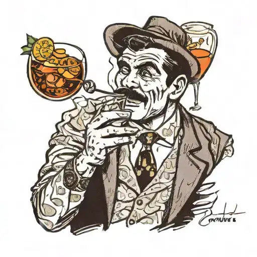 1960s man sipping a Negroni cocktail tattoo design idea