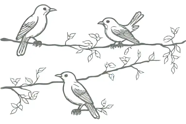 3 birds on a stick looking at a baby bird flying tattoo design idea