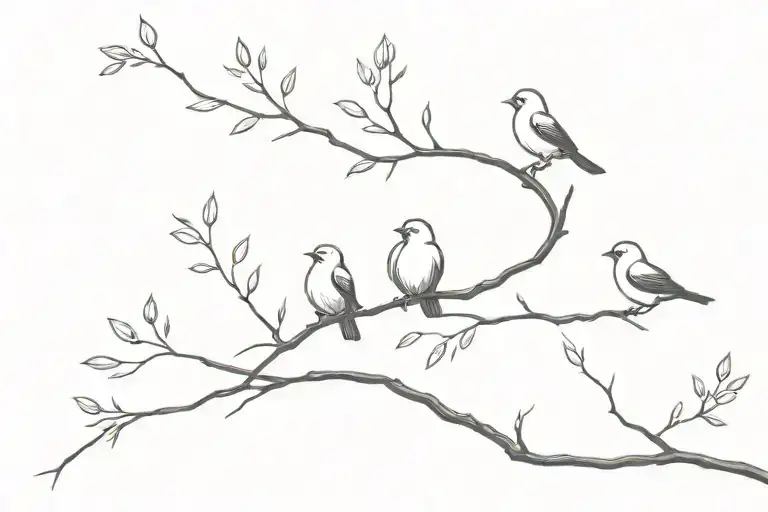 branch stick with 3 birds on the stick and one bird flying away from stick tattoo design idea