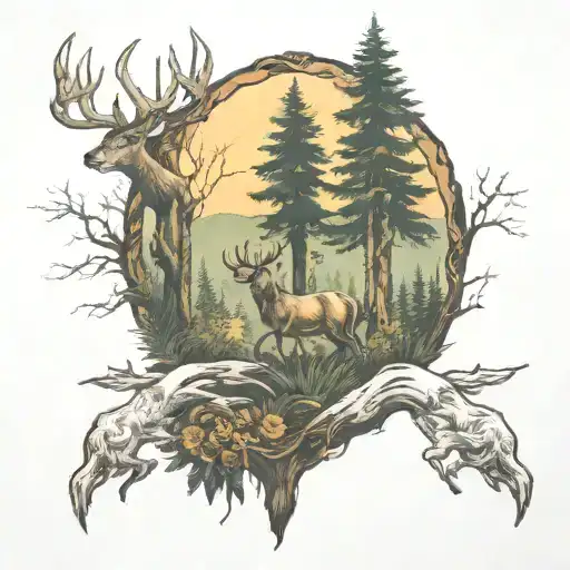 Forest and hunting scene tattoo design idea