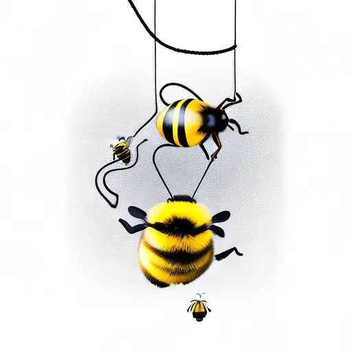a chubby bumblebee flies suspended on a string from a balloon. tattoo design idea