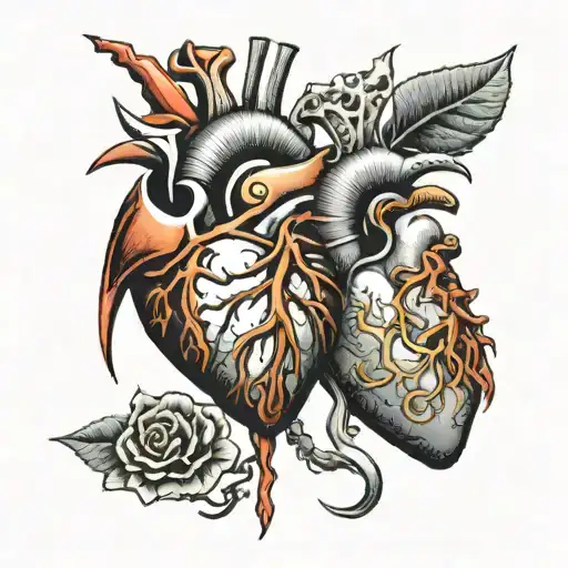 Two anatomical hearts, one has seven daggers piercing it, the other is mechanical in design.  tattoo design idea
