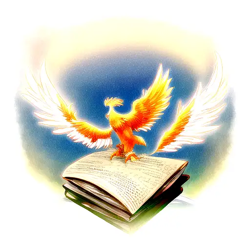 A majestic phoenix rising from a stack of magical books tattoo design idea