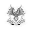 A majestic phoenix rising from a stack of magical books tattoo design idea