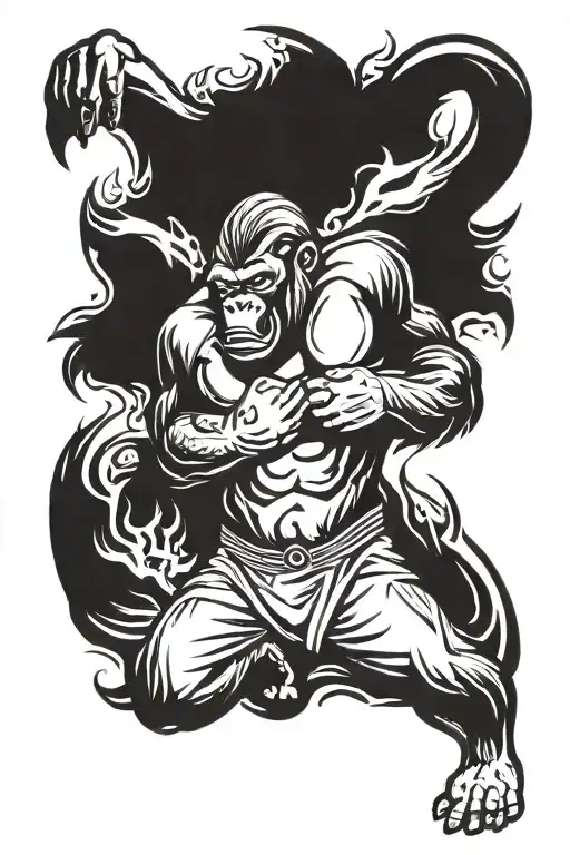 A fierce silverback gorilla in a fighting stance, surrounded by smoke and flames to represent the intensity of mixed martial arts tattoo design idea