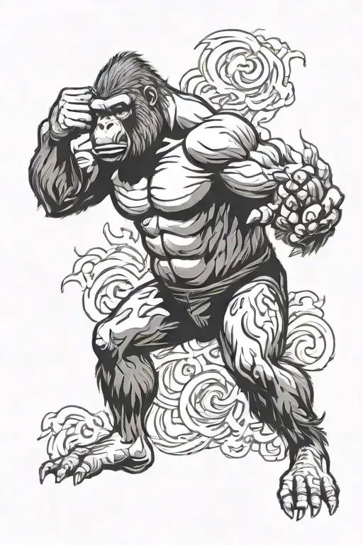 A fierce silverback gorilla in a fighting stance, surrounded by smoke and flames to represent the intensity of mixed martial arts tattoo design idea