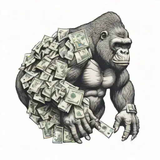 An abstract tattoo of a stack of money morphing into a silverback gorilla, combining the client's passion for money and favorite animal in a striking way tattoo design idea