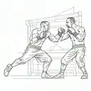 A dynamic composition of two fighters in a cage match, with a background of financial charts and graphs, blending the client's interests in mixed martial arts and sales tattoo design idea