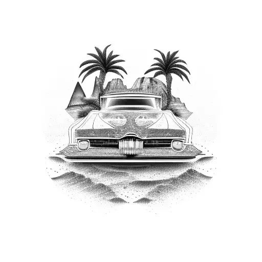 A dotwork representation of a vintage car covered in Egyptian hieroglyphs cruising along a coastline with palm trees tattoo design idea