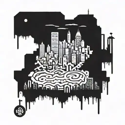 An intricate design of the Pittsburgh cityscape with hidden video game references tattoo design idea