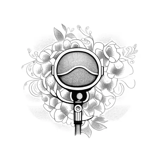 A detailed blackwork tattoo of a microphone surrounded by blooming flowers and vines tattoo design idea