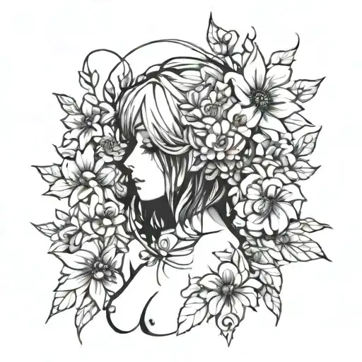 Nude Anime Emo girl surrounded by dark and mysterious flowers tattoo design idea