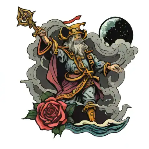 tattoo where is orion with betelgeuse bright, flying dutchman in storm, text "Si habuero prophetiam, et noverim mysteria tattoo design idea