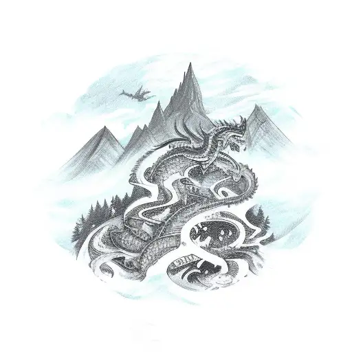 A sketch-style tattoo depicting a scenic mountain landscape with a dragon perched on top, surrounded by vines and roses tattoo design idea