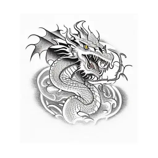 A realistic tattoo depicting a scenic mountain landscape with a dragon perched on top, surrounded by vines and roses tattoo design idea