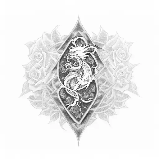 A blackwork tattoo of a wine glass with a dragon coiling around the stem, surrounded by vines and roses tattoo design idea