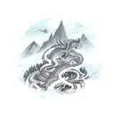 A sketch-style tattoo depicting a scenic mountain landscape with a dragon perched on top, surrounded by vines and roses tattoo design idea