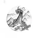 A sketch-style tattoo depicting a scenic mountain landscape with a dragon perched on top, surrounded by vines and roses tattoo design idea